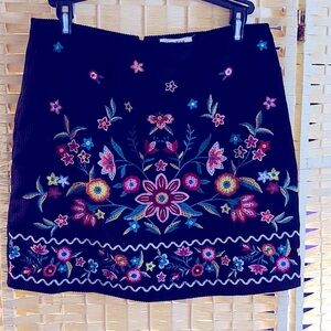 Black Floral Corduroy Embroidered Mini Skirt